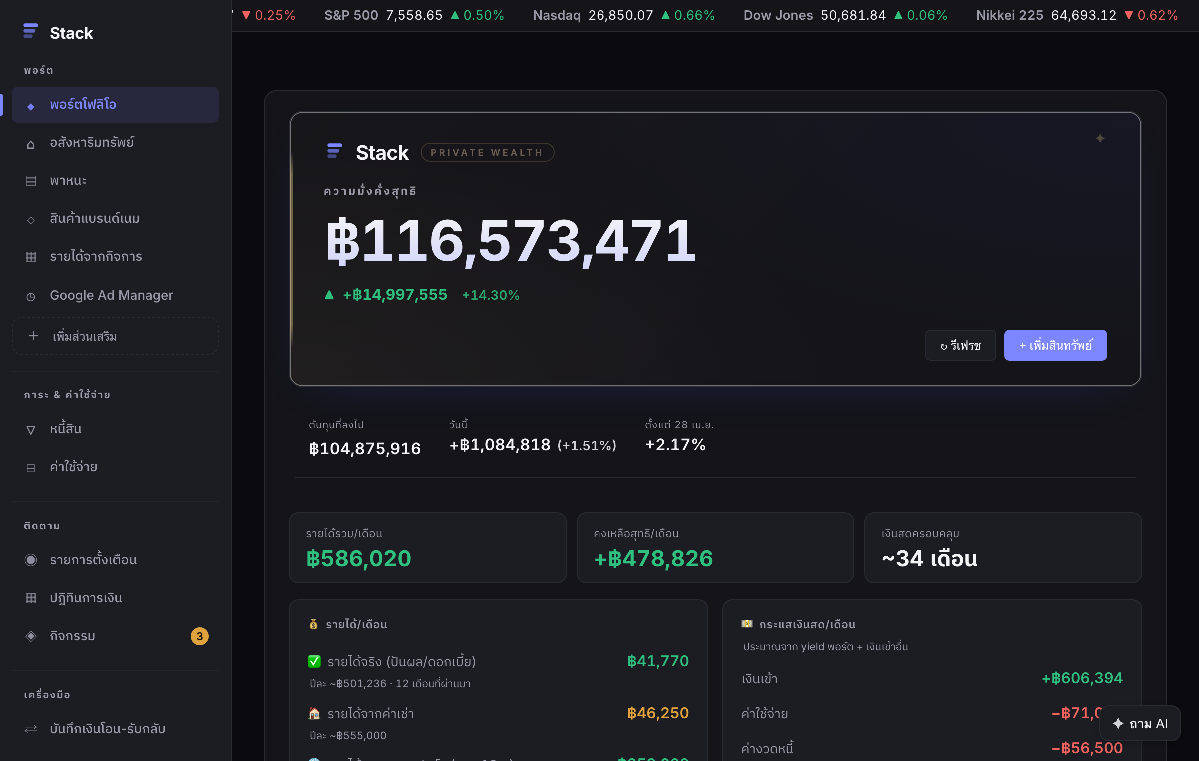 หน้าแดชบอร์ดพอร์ตของ Stack แสดงความมั่งคั่งสุทธิและกระแสเงินสดรายเดือน